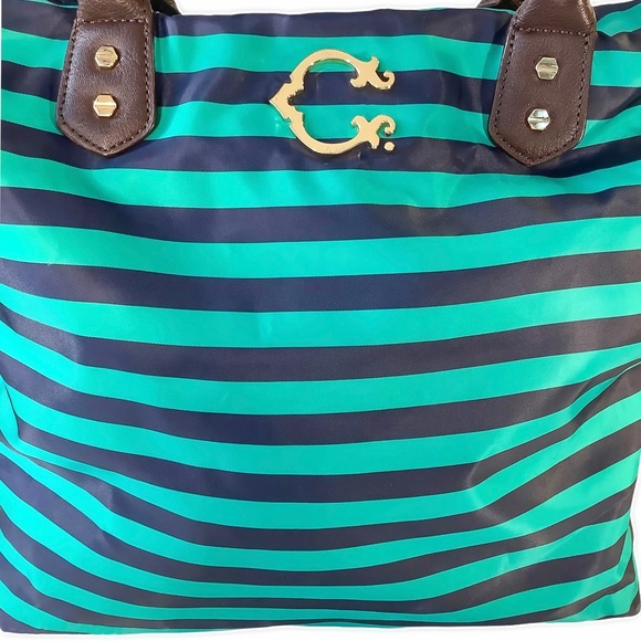 🌊C. WONDER Teal/Navy Blue Striped Zipper Tote - Picture 6 of 8